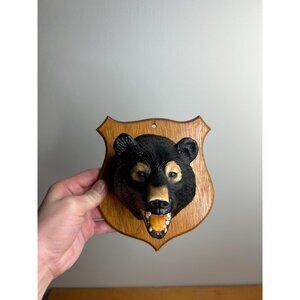 Small wooden vintage faux bear head ball decor black bear taxidermy plaque